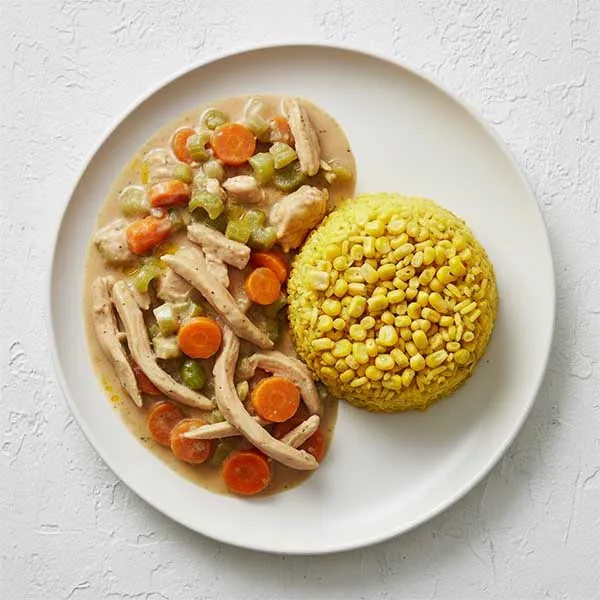 Artisan Crock-Simmered Chicken & Basil Stew with Spicy Sweetcorn Pilaf